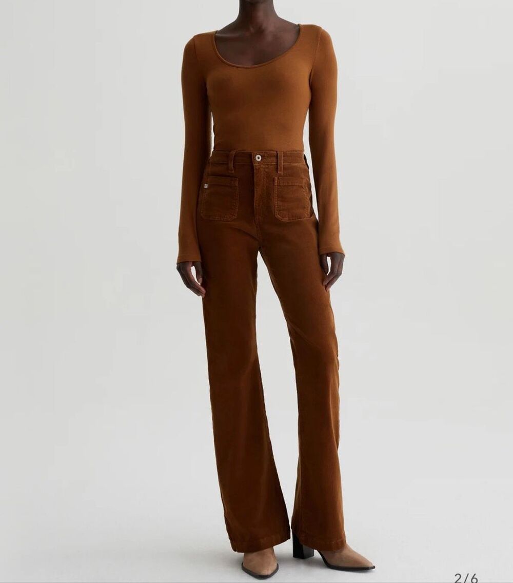 AG $128 Adriano Goldschmied Ribbed Scoop Neck Jaxon Long Sleeve Top Caramel L NW